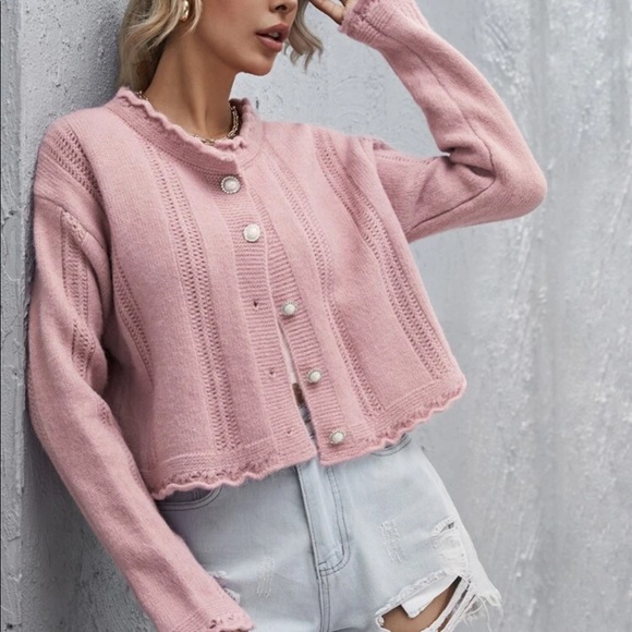 Trendy Granny Cardigan Knit Sweater Pink Pearl - Picture 4 of 5